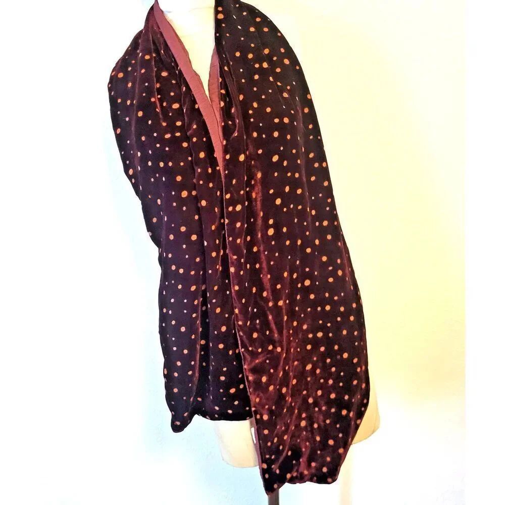 Gorgeous Velvet Burnout Polka Dot Scarf Burgundy Orange Silk Liner 76in by 11in